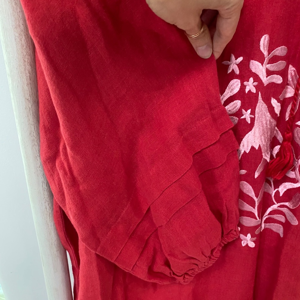 Voyageur by Mersea Red 100% Linen Palermo Embroidered Maxi Vacation Dress Size M - Picture 7 of 12